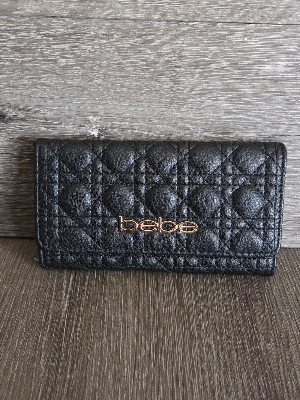 bebe Quilted Black Leather Wallet with Logo